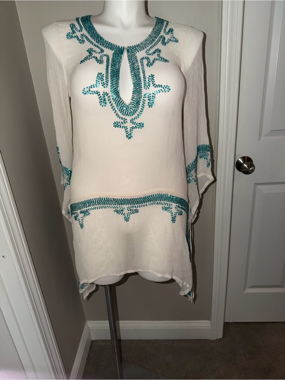 Calypso St. Barth 100% Silk White & Turquoise Sequined Beach Cover-Up Tunic - Picture 4 of 15